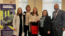 Pictured above, beginning from left to right: IU Health Project Manager Sarah Rush, IndyGo Interim President and CEO Jennifer Pyrz, IU Health Director of Government and External Affairs Jennifer Andres, IndyGo Foundation Executive Director Emily Meaux and IndyGo Board of Director Vice Chair Adairius Gardner