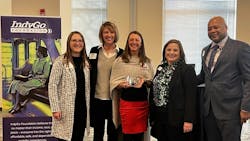Pictured above, beginning from left to right: IU Health Project Manager Sarah Rush, IndyGo Interim President and CEO Jennifer Pyrz, IU Health Director of Government and External Affairs Jennifer Andres, IndyGo Foundation Executive Director Emily Meaux and IndyGo Board of Director Vice Chair Adairius Gardner Pictured above, beginning from left to right: IU Health Project Manager Sarah Rush, IndyGo Interim President and CEO Jennifer Pyrz, IU Health Director of Government and External Affairs Jennifer Andres, IndyGo Foundation Executive Director Emily Meaux and IndyGo Board of Director Vice Chair Adairius Gardner