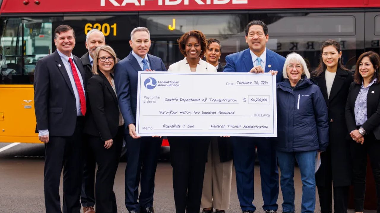 From left to right: Seattle Department of Transportation Director Greg Spotts, King County Councilmember Jorge Bar&oacute;n (D-WA-04), King County Metro General Manager Michelle Allison, King County Executive Dow Constantine, FTA Administrator Nuria Fernandez, Seattle Deputy Mayor Adiam Emery, Seattle Mayor Bruce Harrell, Sen. Patty Murray (D-WA), UW Chair of the Provost Advisory Committee for Students Janis Shin and Seattle City Councilmember Maritza Rivera.