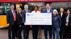 From left to right: Seattle Department of Transportation Director Greg Spotts, King County Councilmember Jorge Barón (D-WA-04), King County Metro General Manager Michelle Allison, King County Executive Dow Constantine, FTA Administrator Nuria Fernandez, Seattle Deputy Mayor Adiam Emery, Seattle Mayor Bruce Harrell, Sen. Patty Murray (D-WA), UW Chair of the Provost Advisory Committee for Students Janis Shin and Seattle City Councilmember Maritza Rivera.