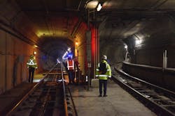 Overhead Lines Crew inspecting and performing repairs on OCS during Fix It Week night maintenance work. Overhead Lines Crew inspecting and performing repairs on OCS during Fix It Week night maintenance work.