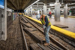 Crews performed tie replacement work during the Green Line shutdown.