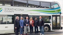 Strathcona County officials celebrate funding for the replacement of 25 buses. Strathcona County officials celebrate funding for the replacement of 25 buses.