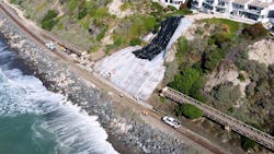 The rail line was closed through San Clemente the evening of Wednesday, Jan. 24, when a landslide on private property above the city-owned Mariposa Trail Pedestrian Bridge caused major damage to the bridge and scattered debris onto the track.