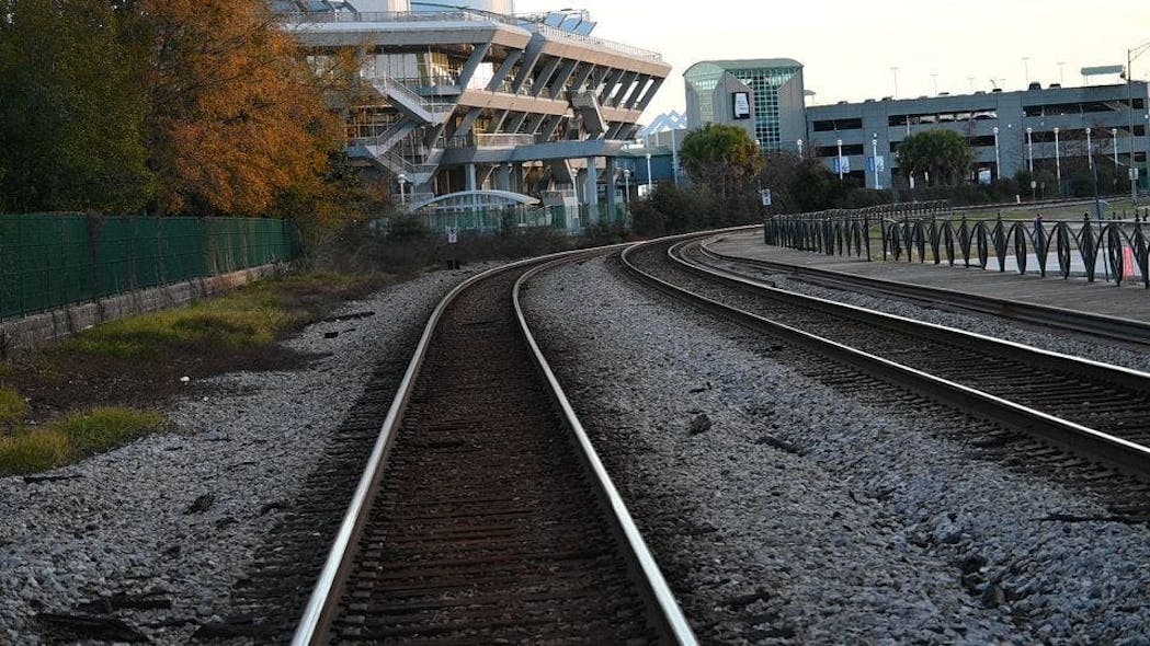 Railroad tracks along Water Street in downtown Mobile as taken on Tuesday, Jan. 2, 2024. The location is where Amtrak is looking to build a platform for passenger rail service connecting Mobile to New Orleans.