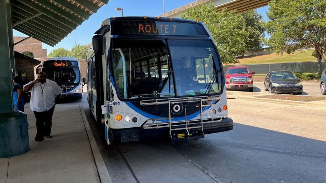 Orbit buses pull into the Huntsville Transit Station on Church Street.