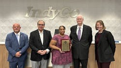 From left to right: TSA Acting Regional Security Director (Region 3) Tony Metcalf, IndyGo Board Chair Gregory Hahn, IndyGo Manager of Security Aletra Edison, IndyGo Director of Life Safety and Security Mark Emmons and IndyGo Interim President and CEO Jennifer Pyrz.