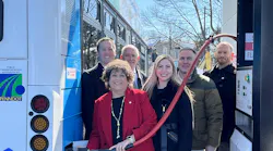 LANTA Executive Director Owen O’Neil (rear right) is joined at the ‘first fill’ event by Shaun Hart, UGIES Vice President (rear left). Front row includes Terry Garcia Crews, Regional Administrator at the Federal Transit Administration; Meredith Biggica, PennDOT Deputy Secretary; John Ryder, PA EPA Deputy Secretary; and LANTA Board Chair Matthew Malozi.
