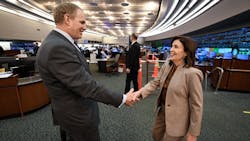 New York Gov. Kathy Hochul and MTA Chair and CEO Janno Lieber shake hands at the NYCT Rail Control Center (RCC) on Mar. 6, 2024. The two were at the RCC to unveil a five-point plan to improve safety on New York City subways.