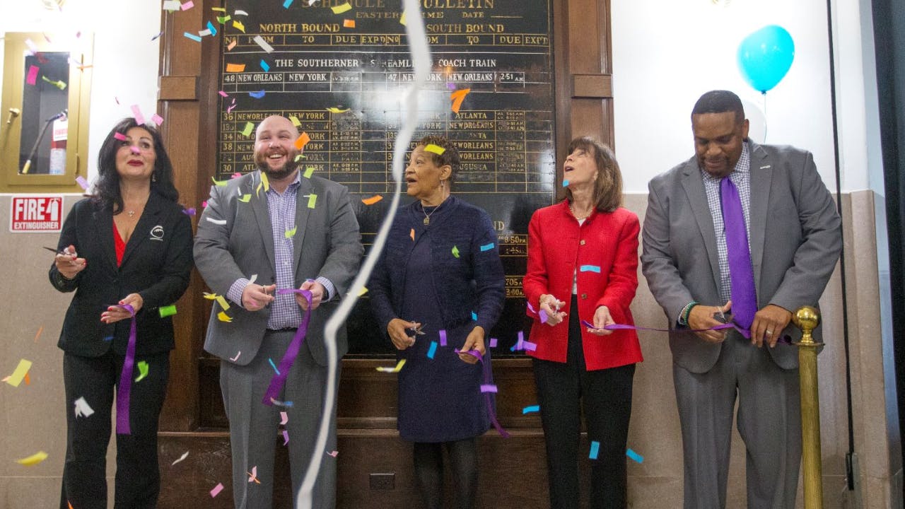 Cutting the ribbon are (l-r) Mayor Nancy Vaughan, GTAC Vice-Chair JD Galyon, Councilwoman Sharon Hightower, Congresswoman Kathy Manning and Transit Director Reginald Mason.