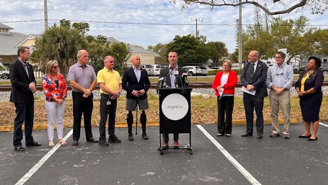 Brian Kronberg, senior vice president of development for Brightline, is joined by city and state officials at an event announcing Stuart, Fla., will be the location of Brightline's newest station. The city is known as the 'Sailfish Capital of the World.'