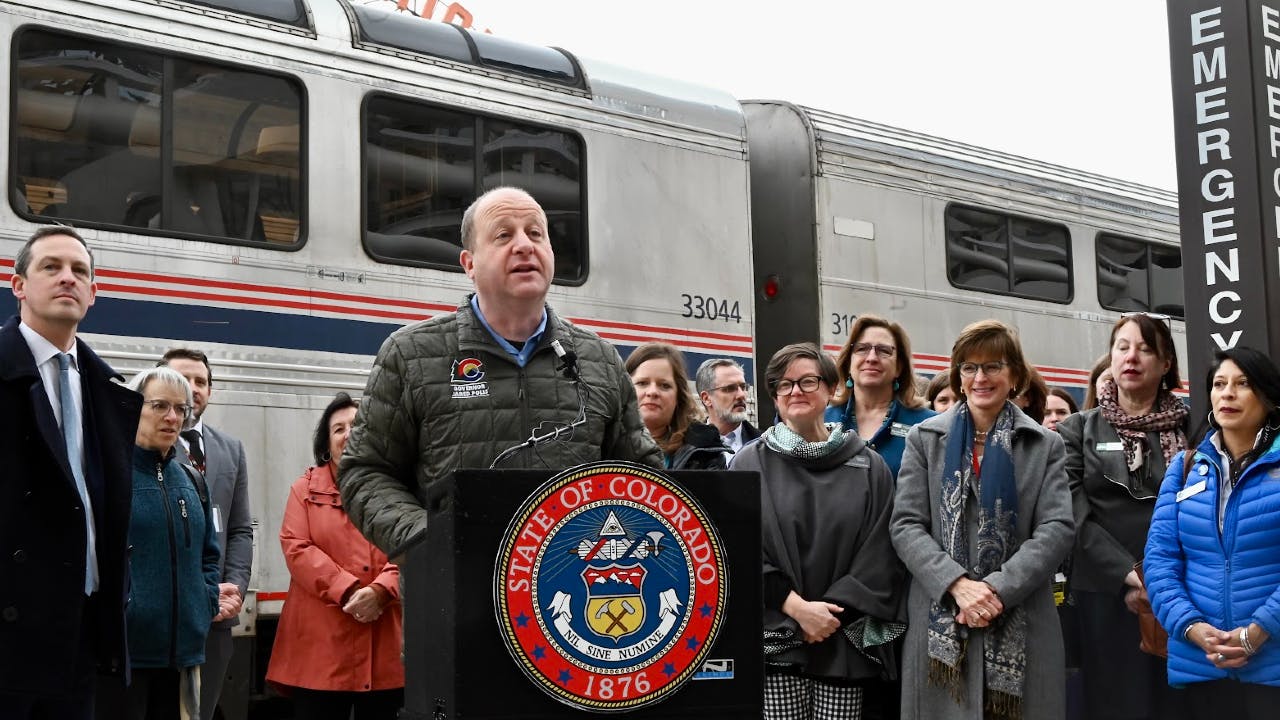 Colorado Gov. Jared Polis, Colorado leaders ride inspection train from Denver to Longmont, Colo.