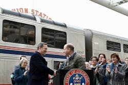 Colorado Gov. Jared Polis, Colorado leaders ride inspection train from Denver to Longmont, Colo.