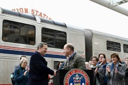 Colorado Gov. Jared Polis, Colorado leaders ride inspection train from Denver to Longmont, Colo. Colorado Gov. Jared Polis, Colorado leaders ride inspection train from Denver to Longmont, Colo.