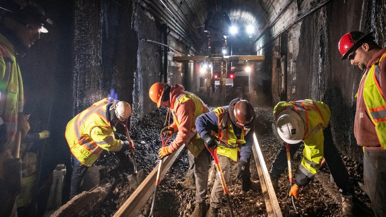 Crews performed track work in the underground tunnel of the Green Line.