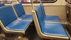 New vinyl seats in a DART light-rail vehicle. New vinyl seats in a DART light-rail vehicle.
