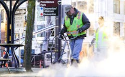 Powerwashing is among cleaning activities at Providence Park MAX Station. Powerwashing is among cleaning activities at Providence Park MAX Station.