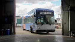 A new battery-electric bus arrives at TriMet&rsquo;s Columbia Operations Facility.