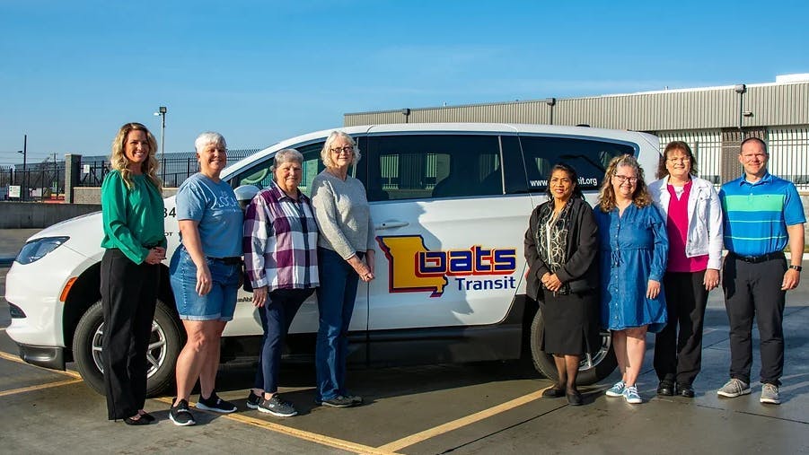 From left to right: Boone Electric Trustee&rsquo;s Amanda Wooden, Kim Stichnote (vice chair), Beverly Steelman, Linda Reed Brown, Cassandra Vinson, Kelly Sharp (secretary), Jill Stedem (OATS transit administrative director) and Gary Anspach (OATS transit regional director).