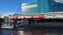 A train on the Las Vegas Monorail decked out in a Super Bowl wrap at the MGM Grand, with the Tropicana in the background on Thursday, Feb. 8, 2024.