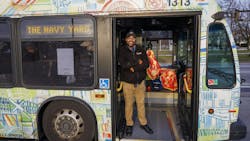 Marcus McKnight at the start of his Navy Yard bus route at Broad Street and Pattison Avenue in South Philly on Friday morning.
