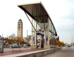 The Greater Cleveland Regional Transit Authority&apos;s Health Line bus stations, designed Robert P. Madison International of Cleveland have graceful arced roofs that communicate speed and efficiency.