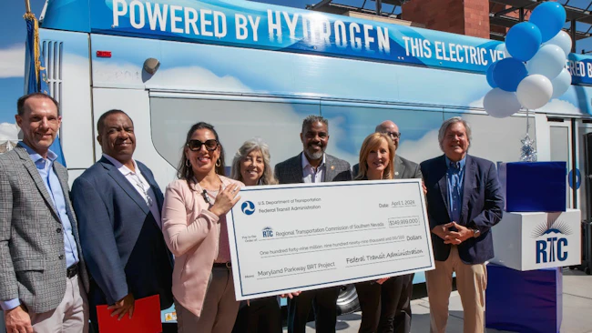 From left to right: Clark County Commissioner and RTC of Southern Nevada Chairman Justin Jones, UNLV President Dr. Keith Whitfield, FTA Acting Administrator Veronica Vanterpool, Rep. Dina Titus (D-NV), Rep. Steven Horsford (D-NV), RTC of Southern Nevada CEO M.J. Maynard, Las Vegas Councilman and RTC Commissioner Brian Knudsen, Clark County Chairman and RTC Commissioner Tick Segerblom.
