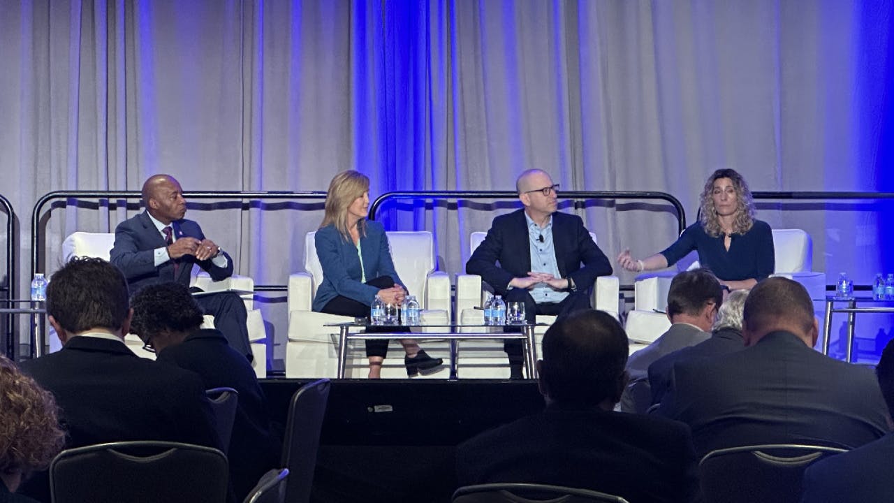 From the panel on implementing AI for mobility solutions at the 2024 APTA Legislative Conference. From left to right: Nat Ford, CEO Jacksonville Transportation Authority, MJ Maynard, CEO Regional Transportation Commission of Southern Nevada, Dan Katz, vice president of public policy, Hayden AI, and Laura Chance, president and CEO, Intelligent Transportation Society of America.