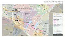 A map of the Eastside Transit Corridor Phase 2 project. A map of the Eastside Transit Corridor Phase 2 project.