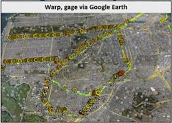 Figure 1. Warp and gage measurements and alerts overlaid on a map of the system. Figure 1. Warp and gage measurements and alerts overlaid on a map of the system.