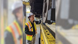 Briony Croft taking wheel surface measurements. Briony Croft taking wheel surface measurements.