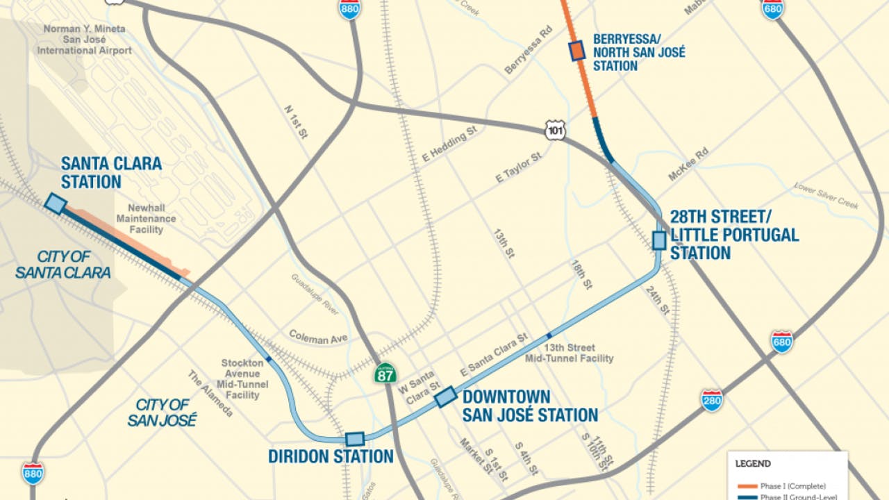 A map of the Santa Clara VTA BART Extension Project.