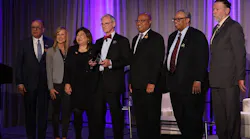 U.S. Rep. Early Blumenauer (center), accepts the APTA Congressional Legacy Award for his commitment to advancing public transportation throughout his career. Rep. Blumenauer is joined on stage with (L-R) APTA President and CEO Paul Skoutelas, CEO of Regional Transportation Commission of Southern Nevada and APTA Board Vice Chair MJ Maynard, APTA Board Chair Michele Wong Krause, TriMet General Manager Sam Desue, President of Chicago Transit Authority and APTA Board Immediate Past Chair Dorval Charter and Director, Contracts and Technical Services for SYSTRA USA and APTA Board Secretary/Treasurer Jeffrey Wharton.