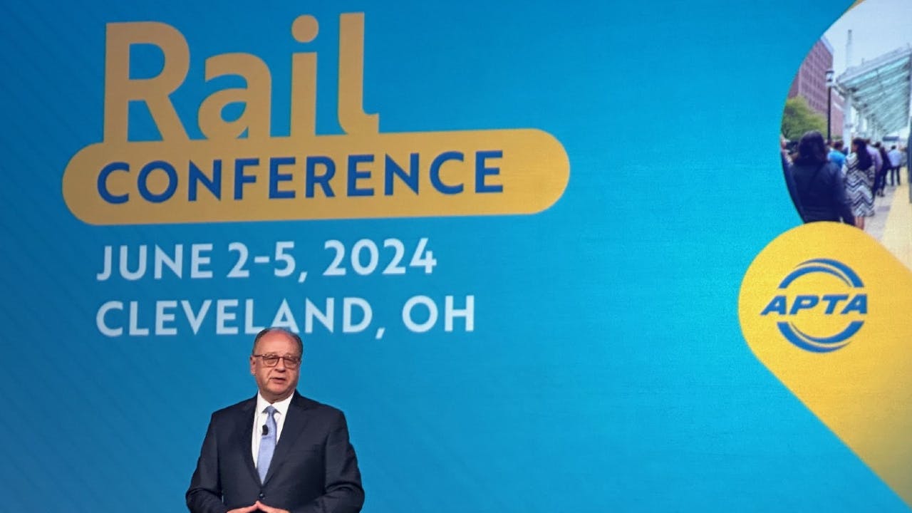 Paul Skoutelas speaks during the opening session of APTA Rail.