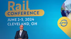 Paul Skoutelas speaks during the opening session of APTA Rail.