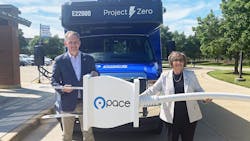 U.S. Rep. Sean Casten (D-IL-6) and Pace Executive Director Melinda Metzger in front of Pace’s first electric paratransit bus. U.S. Rep. Sean Casten (D-IL-6) and Pace Executive Director Melinda Metzger in front of Pace’s first electric paratransit bus.