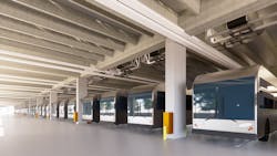 One of the design innovations is the retractable platform to reach the bus rooftops, where batteries are charged, which allows maintenance staff to step directly onto and off of the roof. One of the design innovations is the retractable platform to reach the bus rooftops, where batteries are charged, which allows maintenance staff to step directly onto and off of the roof.