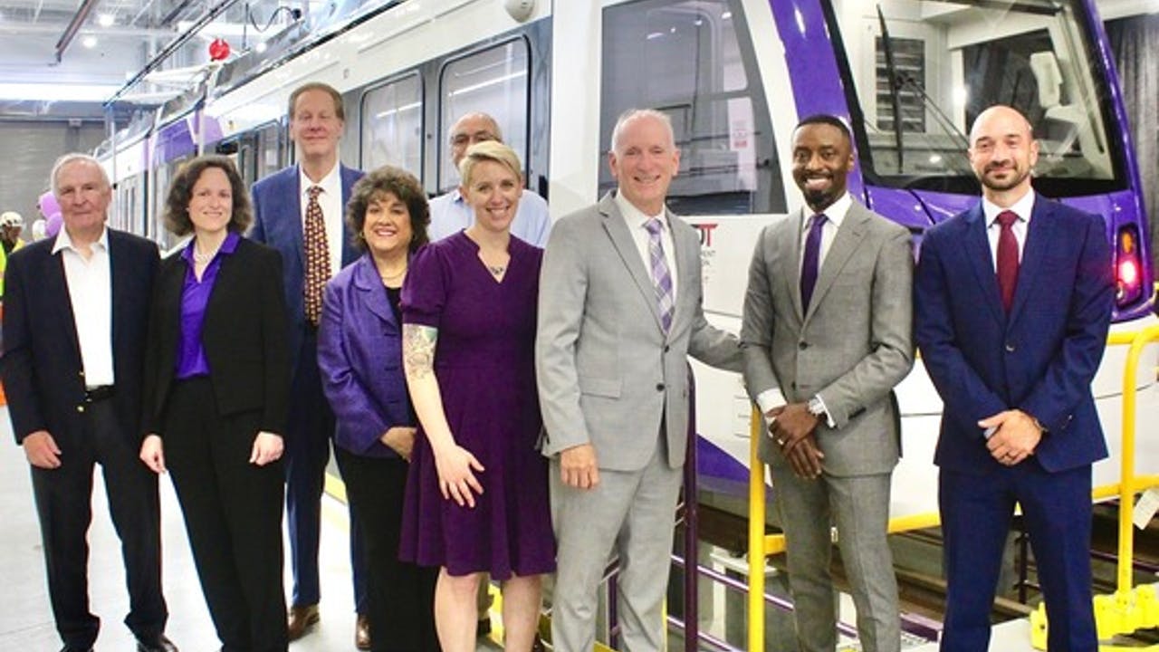 The MDOT MTA and the Purple Line project team celebrated the arrival of the first Purple Line light-rail vehicle on July 11.