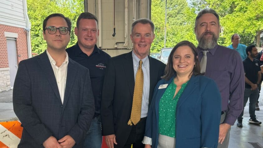 Beginning from left to right: IndyGo Foundation Board Chair Addison Pollock, Indianapolis Department of Public Works Director Brandon Herget, Indianapolis Mayor Joe Hogsett, IndyGo Foundation Executive Director Emily Meaux and IndyGo Manager of Service Planning Ryan Hunt.