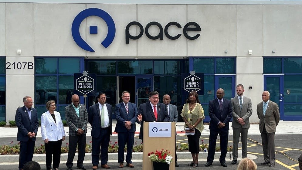 Illinois Gov. JB Pritzker addresses guests at grand opening of Pace&rsquo;s new operations facility in Markham, Ill.