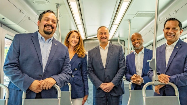 U.S. Second Gentleman rides streetcar with local and federal officials (L to R): City of Mesa, Ariz., Vice Mayor Francisco Heredia, Valley Metro CEO Jessica Mefford-Miller, U.S. Second Gentleman Douglas Emhoff, City of Tempe, Ariz., Mayor Corey Woods and Federal Transit Administration Region IX Administrator Ray Tellis.