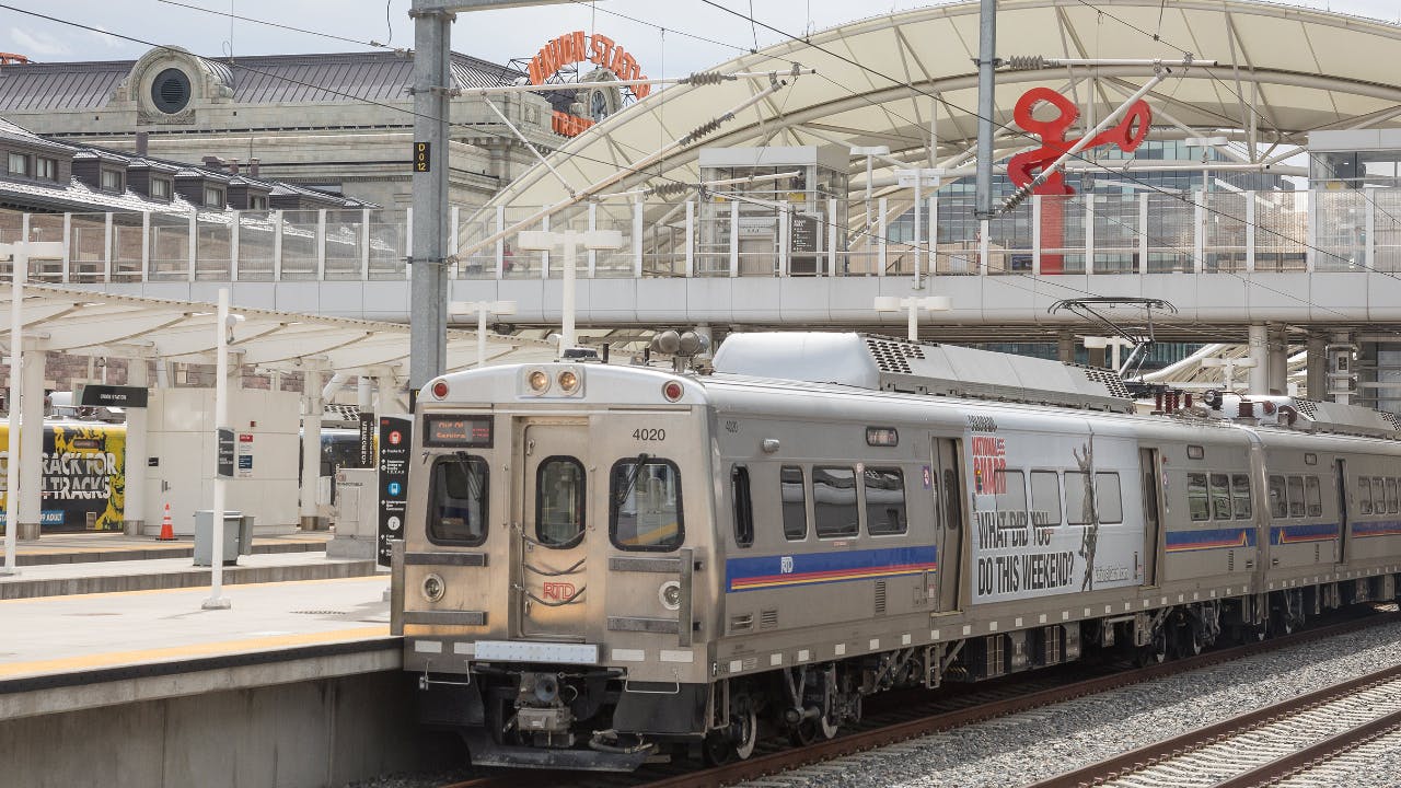 Denver RTD Union Station commuter rail train.