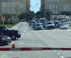 Traffic congestion during a traffic signal preemption triggered by train arrivals. Traffic congestion during a traffic signal preemption triggered by train arrivals.