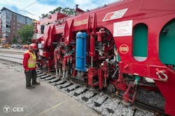 Crews performed rail tamping work during this Green Line service suspension. Crews performed rail tamping work during this Green Line service suspension.