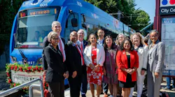 A Better Red official opening ceremony participants get ready for a ceremonial ‘first ride’ on a brand new MAX train, one of four purchased as part of the project. From left to right: Washington County Commissioner Nafisa Fai, Port of Portland Chief Public Affairs Officer Dave Robertson, TriMet General Manager Sam Desue Jr., Hillsboro Mayor Steve Callaway, FTA Acting Administrator Veronica Vanterpool, TriMet Board Vice President Thomas Kim, Beaverton Mayor Lacey Beaty, Oregon Department of Transportation Public Transportation Division Administrator Suzanne Carlson, Centro Cultural Policy Director Nansi Lopez, Westside Economic Alliance Executive Director Elizabeth Mazzara Myers, PBOT Director Millicent Williams.