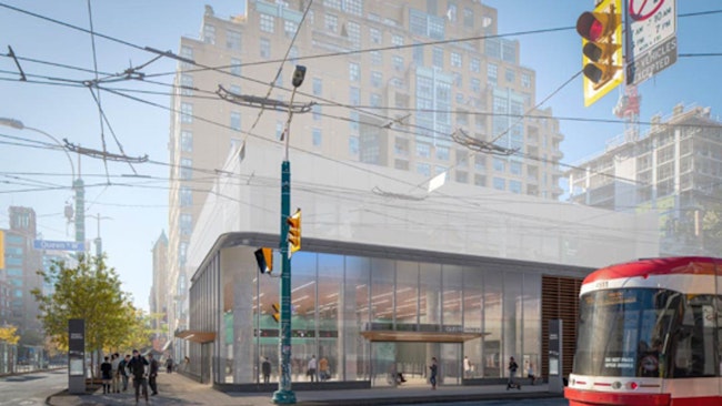 Future Ontario Line station building at the southwest corner of Queen Street West and Spadina Avenue.