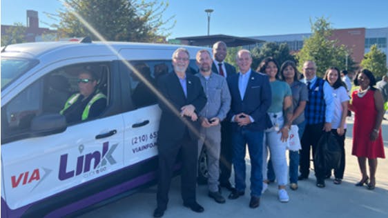 Officials from VIA, Northeast Lakeview College and the City of Live Oak celebrated the new VIA Link service that now connects the Northeast Side college campus with two nearby VIA Link zones, providing more mobility options to students, faculty and staff.