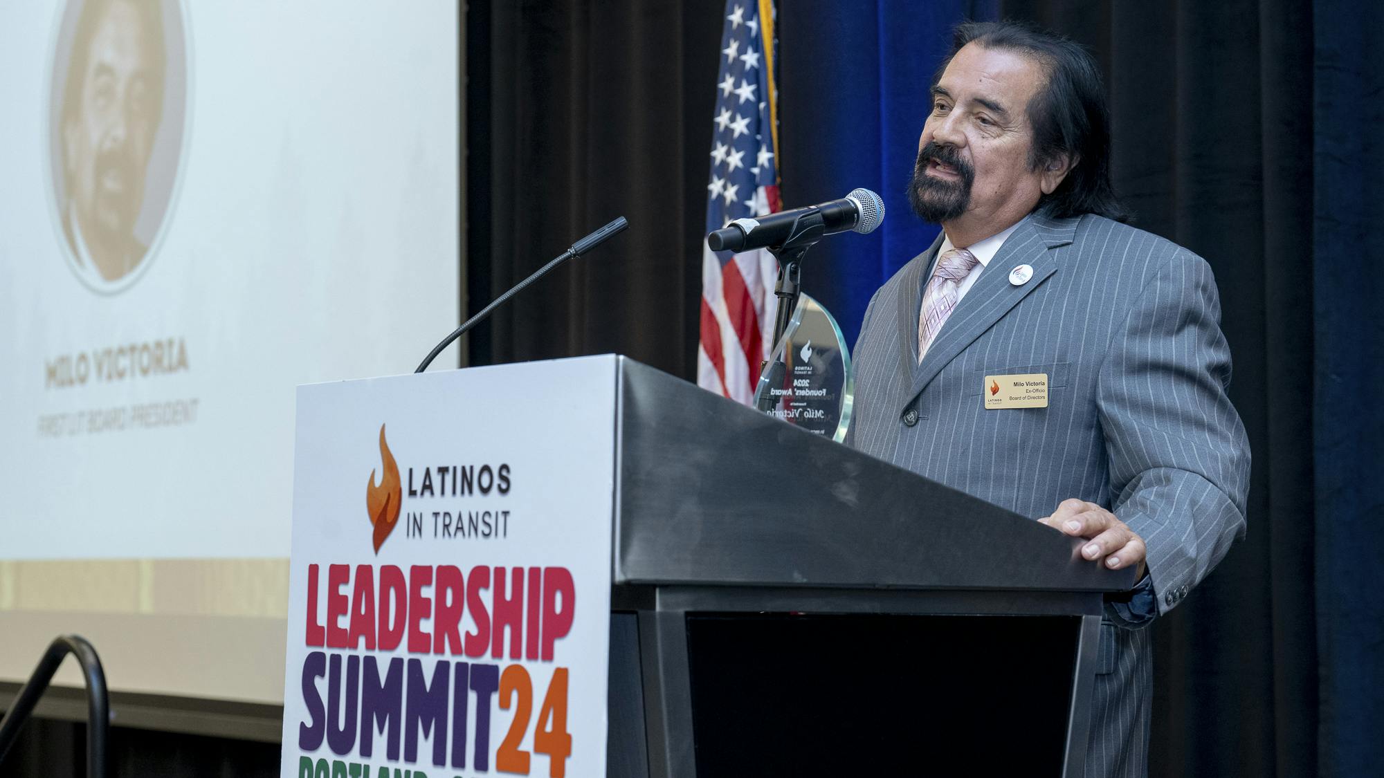 Milo Victoria accepts the Founders' Award during LIT's leadership luncheon at the Leadership Summit.