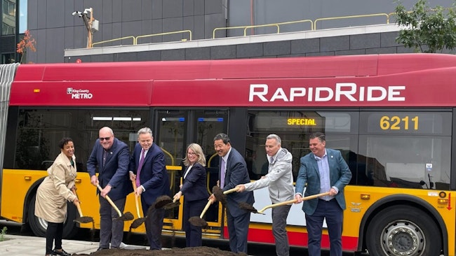 Seattle Mayor Bruce Harrell and other local leaders celebrate the start of construction of the RapidRide J Line project in Seattle on Oct. 8, 2024.