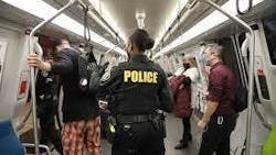 Police on a Bay Area Rapid Transit bus. Police on a Bay Area Rapid Transit bus.